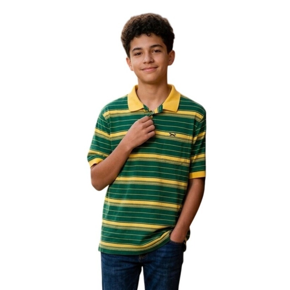 Retro Fox Kids XL 18 Polo Shirt Green Yellow Striped Short Sleeve Cotton Logo